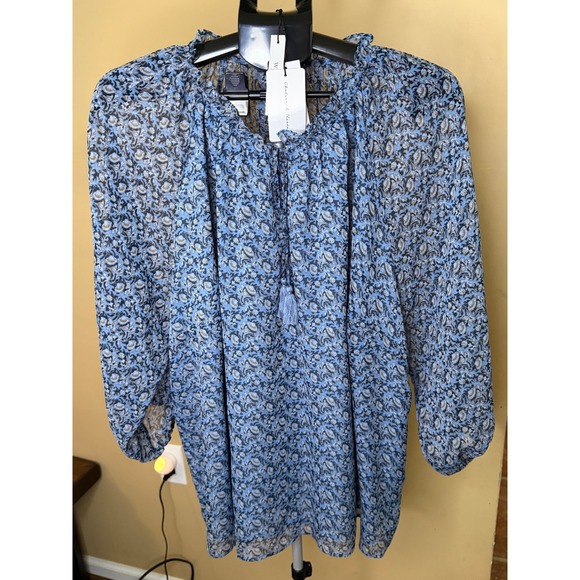 Chelsea & Theodore Tops - Chelsea & Theodore Blue Floral Paisley Peasant Blouse Tassel Tie 3X NWT